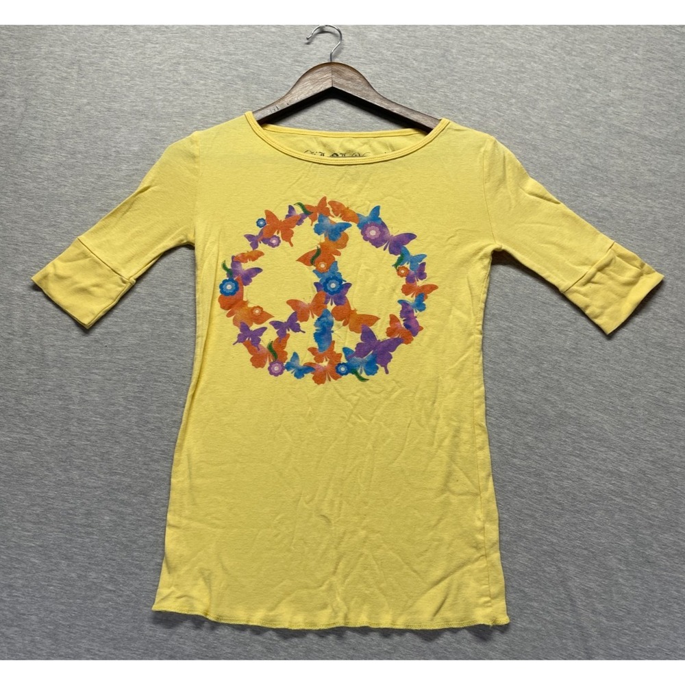 L.O.L. Vintage Shirt Girls Medium Yellow Butterfly Peace Sign Graphic 3/4 Sleeve
